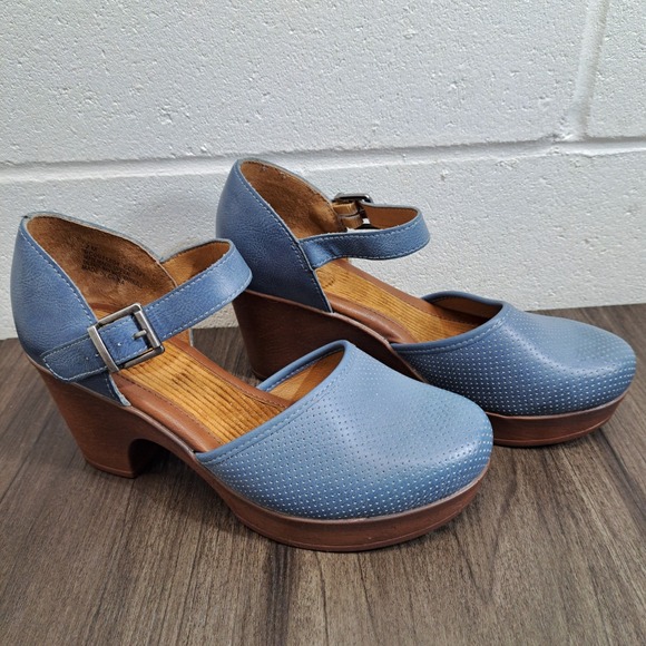 BOC Perforated Blue Leather Wedge Mary Jane Casual Clog Women's Shoes Size 7M - Picture 4 of 8